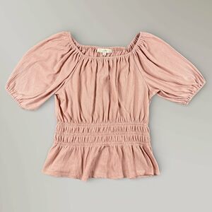 LOFT Women's Blouse Blush Pink Square Neck Puff Sleeve Smocked Textured Sz Small
